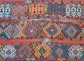 Kagizman Kilim, 19th Century.  Deeply saturated colors.  The design is in bands of hooked polygons and modified kaikalaks with with "S" motifs in place of the hooks.  It has  ...