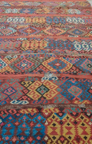 Kagizman Kilim, 19th Century.  Deeply saturated colors.  The design is in bands of hooked polygons and modified kaikalaks with with "S" motifs in place of the hooks.  It has  ...