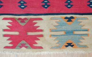 Sarkoy/Pirot Kilim, Late 19th Century to 1900 or so.  Beautiful poised composition like a ripple in a lake from the central medallion.  All good colors.  105 x 156 cm 