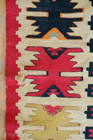 Sarkoy/Pirot Kilim, Late 19th Century to 1900 or so.  Beautiful poised composition like a ripple in a lake from the central medallion.  All good colors.  105 x 156 cm 