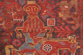 Khamseh rug, 3rd to 4th quarter of the 19th century.  A wonderful array of mounted tribesmen in the field amidst unique half abstract winged medallions.  The field is filled with  ...