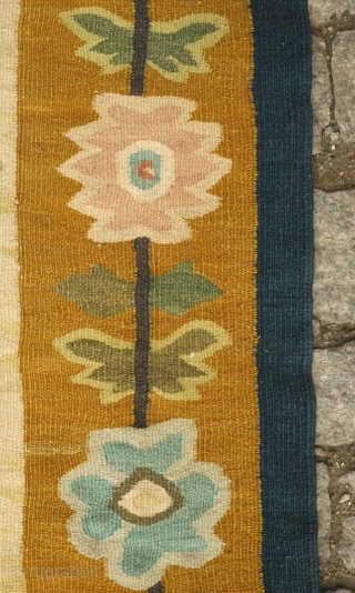 Bessarabian kilim, third to fourth quarter of the 19th century.  Beautiful softer colors and good age.  One tiny spot of wear in the final image.  197 x 165 cm 