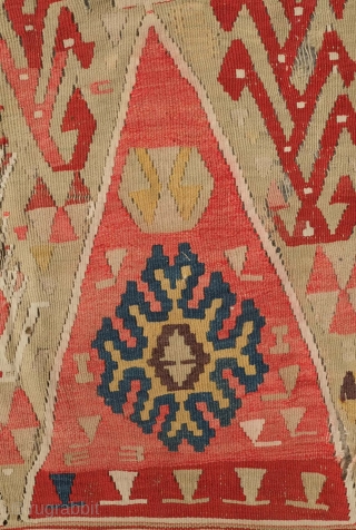 Sebinkarahisar kilim, 3rd to 4th quarter of the 19th century. It bears a rare four mihrab design. Trees of life surround the mountain-like prayer niches. Note some areas of wear. 168 x  ...