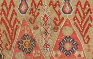 Sebinkarahisar kilim, 3rd to 4th quarter of the 19th century. It bears a rare four mihrab design. Trees of life surround the mountain-like prayer niches. Note some areas of wear. 168 x  ...