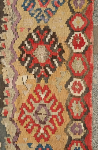 Sebinkarahisar kilim, 3rd to 4th quarter of the 19th century. It bears a rare four mihrab design. Trees of life surround the mountain-like prayer niches. Note some areas of wear. 168 x  ...