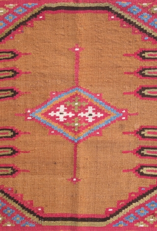 Shushtar Bakhtiyari kilim, 19th century.  Camel wool ground.  Very floppy, fine feel. Wonderful colors.  Unusual size.  91 x 137 cm         