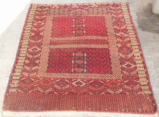 Tekke Engsi, 19th century.  Deep, rich red ground topped with a mihrab.  Soft, full pile.  Slight wear shown in last image (pile is full but there is some loosening  ...
