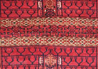 Tekke Engsi, 19th century.  Deep, rich red ground topped with a mihrab.  Soft, full pile.  Slight wear shown in last image (pile is full but there is some loosening  ...