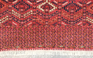 Tekke Engsi, 19th century.  Deep, rich red ground topped with a mihrab.  Soft, full pile.  Slight wear shown in last image (pile is full but there is some loosening  ...