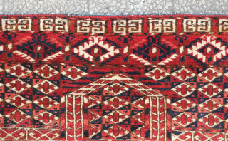 Tekke Engsi, 19th century.  Deep, rich red ground topped with a mihrab.  Soft, full pile.  Slight wear shown in last image (pile is full but there is some loosening  ...