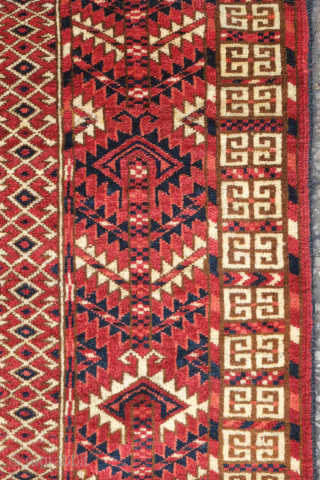 Tekke Engsi, 19th century.  Deep, rich red ground topped with a mihrab.  Soft, full pile.  Slight wear shown in last image (pile is full but there is some loosening  ...