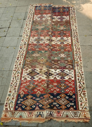 Adana-Aleppo Kilim, 2nd to 3rd Quarter of the 19th Century.  Thin weave. Excellent colors: Greens, purples, indigo, cochineal, Turkey red-like red.  Absolutley wonderful side borders of meandering vines and flowers.  ...