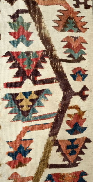 Adana-Aleppo Kilim, 2nd to 3rd Quarter of the 19th Century.  Thin weave. Excellent colors: Greens, purples, indigo, cochineal, Turkey red-like red.  Absolutley wonderful side borders of meandering vines and flowers.  ...