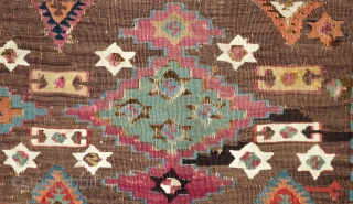 Adana-Aleppo Kilim, 2nd to 3rd Quarter of the 19th Century.  Thin weave. Excellent colors: Greens, purples, indigo, cochineal, Turkey red-like red.  Absolutley wonderful side borders of meandering vines and flowers.  ...