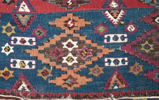 Adana-Aleppo Kilim, 2nd to 3rd Quarter of the 19th Century.  Thin weave. Excellent colors: Greens, purples, indigo, cochineal, Turkey red-like red.  Absolutley wonderful side borders of meandering vines and flowers.  ...