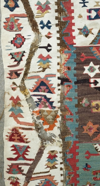 Adana-Aleppo Kilim, 2nd to 3rd Quarter of the 19th Century.  Thin weave. Excellent colors: Greens, purples, indigo, cochineal, Turkey red-like red.  Absolutley wonderful side borders of meandering vines and flowers.  ...