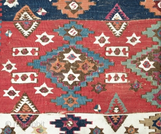 Adana-Aleppo Kilim, 2nd to 3rd Quarter of the 19th Century.  Thin weave. Excellent colors: Greens, purples, indigo, cochineal, Turkey red-like red.  Absolutley wonderful side borders of meandering vines and flowers.  ...