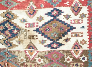 Adana-Aleppo Kilim, 2nd to 3rd Quarter of the 19th Century.  Thin weave. Excellent colors: Greens, purples, indigo, cochineal, Turkey red-like red.  Absolutley wonderful side borders of meandering vines and flowers.  ...