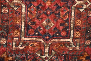 Khamseh Khorjin, late 19th century.  A fantastic bag with almost all tassels in tact.  Colorful and rich extra wrapping along the center.  The wool is lustrous.  In about  ...