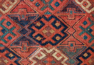 Shahsavan Kurdish Group Soumak Bag Face, Mid-19th Century.  In a less common diagonal weft-wrapping technique.  Excellent composition in a five medallion arrangement and a white highlighted border.   Some  ...