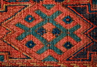Shahsavan Kurdish Group Soumak Bag Face, Mid-19th Century.  In a less common diagonal weft-wrapping technique.  Excellent composition in a five medallion arrangement and a white highlighted border.   Some  ...