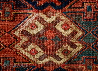 Shahsavan Kurdish Group Soumak Bag Face, Mid-19th Century.  In a less common diagonal weft-wrapping technique.  Excellent composition in a five medallion arrangement and a white highlighted border.   Some  ...