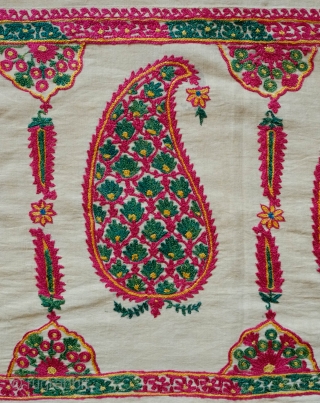 Gujarati Shawl End Panel, late 19th Century.  Silk on fine cotton ground with a fine cotton backing.  Incredible colors.  Botehs filled with floral motifs between architectural pillars and pillar  ...