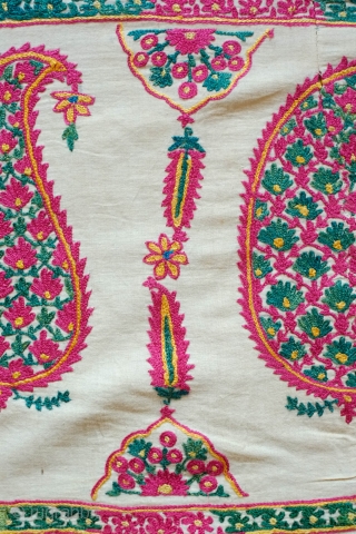 Gujarati Shawl End Panel, late 19th Century.  Silk on fine cotton ground with a fine cotton backing.  Incredible colors.  Botehs filled with floral motifs between architectural pillars and pillar  ...