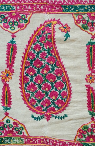 Gujarati Shawl End Panel, late 19th Century.  Silk on fine cotton ground with a fine cotton backing.  Incredible colors.  Botehs filled with floral motifs between architectural pillars and pillar  ...