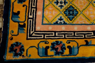Pao Tao Rug, Late 19th/Early 20th Century.  Soft wool and soft colors: pink, yellow, blue in a contrasting arrangement.  A beautiful decorative rug.  132 x 233 cm.   