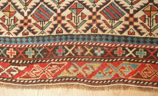Shirvan prayer rug, 19th century. Good colors and "V" orientation of the floral lattice motifs. Outer-most border is missing. Selvedge is intact. 100 x 137 cm
       