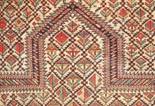 Shirvan prayer rug, 19th century. Good colors and "V" orientation of the floral lattice motifs. Outer-most border is missing. Selvedge is intact. 100 x 137 cm
       