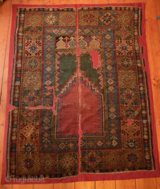 Mudjur prayer rug, late 18th or early 19th century.  Wonderful green above the mihrab.  Small crosses appear in the diamonds in the inner border. Already professionally mounted on linen. 114  ...
