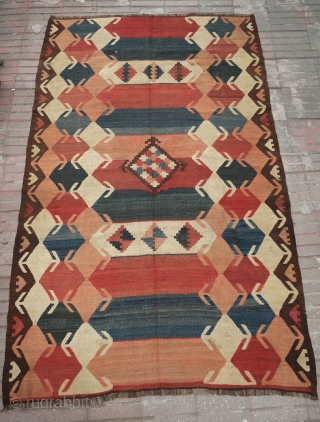 Tajik Arab Kilim, Late 19th century to 1900s. Wonderful colors and design with a central column of stacked cartouches flanked with arrows on either side. Sturdy construction in all wool with dark  ...