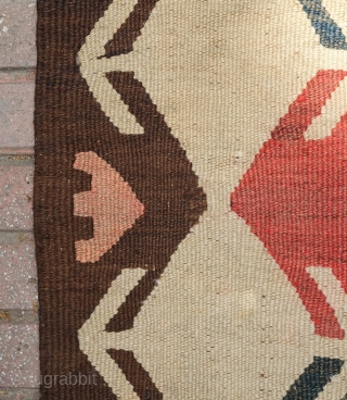 Tajik Arab Kilim, Late 19th century to 1900s. Wonderful colors and design with a central column of stacked cartouches flanked with arrows on either side. Sturdy construction in all wool with dark  ...