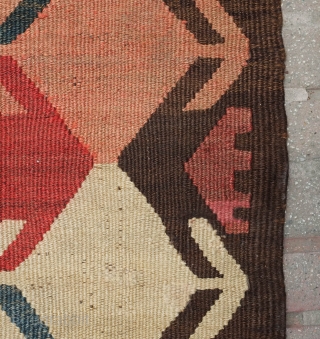 Tajik Arab Kilim, Late 19th century to 1900s. Wonderful colors and design with a central column of stacked cartouches flanked with arrows on either side. Sturdy construction in all wool with dark  ...