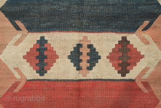 Tajik Arab Kilim, Late 19th century to 1900s. Wonderful colors and design with a central column of stacked cartouches flanked with arrows on either side. Sturdy construction in all wool with dark  ...