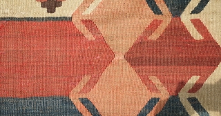 Tajik Arab Kilim, Late 19th century to 1900s. Wonderful colors and design with a central column of stacked cartouches flanked with arrows on either side. Sturdy construction in all wool with dark  ...