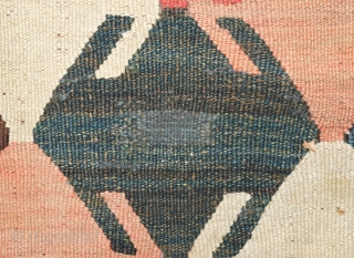 Tajik Arab Kilim, Late 19th century to 1900s. Wonderful colors and design with a central column of stacked cartouches flanked with arrows on either side. Sturdy construction in all wool with dark  ...