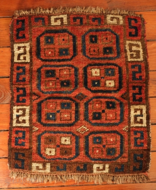 Uzbek Pile Bag Face, Late 19th century. Coarse weave like a pelt and big knots but soft wool.  Some playful movement created by alternating white areas in the guls and top  ...