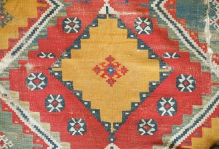 Qashqa'i kilim, probably mid-19th century.  Excellent colors.  Some wear but complete. Mounted on cotton backing.  162 x 313 cm. Happy New Year!  Contact danauger@tribalgardenrugs.com     