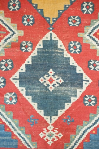 Qashqa'i kilim, probably mid-19th century.  Excellent colors.  Some wear but complete. Mounted on cotton backing.  162 x 313 cm. Happy New Year!  Contact danauger@tribalgardenrugs.com     