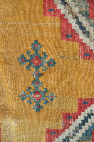 Qashqa'i kilim, probably mid-19th century.  Excellent colors.  Some wear but complete. Mounted on cotton backing.  162 x 313 cm. Happy New Year!  Contact danauger@tribalgardenrugs.com     