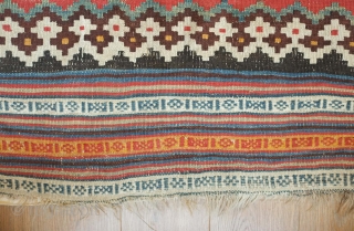 Qashqa'i kilim, probably mid-19th century.  Excellent colors.  Some wear but complete. Mounted on cotton backing.  162 x 313 cm. Happy New Year!  Contact danauger@tribalgardenrugs.com     