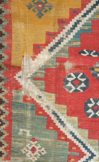 Qashqa'i kilim, probably mid-19th century.  Excellent colors.  Some wear but complete. Mounted on cotton backing.  162 x 313 cm. Happy New Year!  Contact danauger@tribalgardenrugs.com     