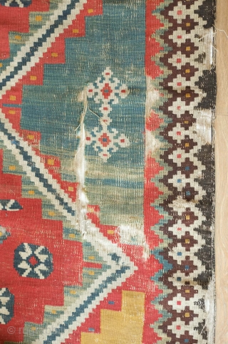 Qashqa'i kilim, probably mid-19th century.  Excellent colors.  Some wear but complete. Mounted on cotton backing.  162 x 313 cm. Happy New Year!  Contact danauger@tribalgardenrugs.com     