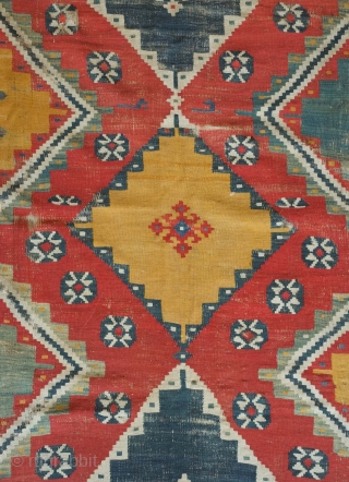 Qashqa'i kilim, probably mid-19th century.  Excellent colors.  Some wear but complete. Mounted on cotton backing.  162 x 313 cm. Happy New Year!  Contact danauger@tribalgardenrugs.com     