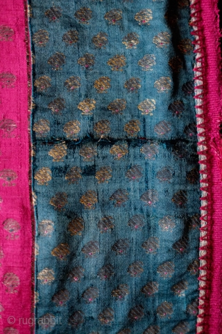 Gujarat Silk Hanging or Bohcha, Mid-19th Century.  Wonderful cochineal and a beautiful deep green with gold thread woven in to create the repeat boteh designs.  The tassels are a wonderful  ...