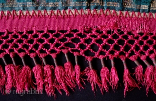 Gujarat Silk Hanging or Bohcha, Mid-19th Century.  Wonderful cochineal and a beautiful deep green with gold thread woven in to create the repeat boteh designs.  The tassels are a wonderful  ...