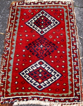 Antique Anatolian yastik, late nineteenth century, all natural saturated  dyes, edges and ends compromised as shown, but no repairs or reweaves.  18" by 30".  Photos 2, 8, and 9  ...